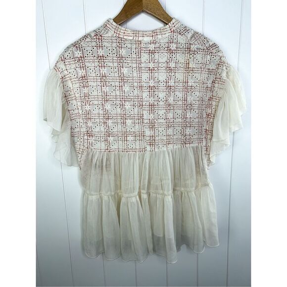 Anthropologie Akemi + Kin Lindy Popover Top Eyelet Embroidery White Pink Flowy S - Picture 13 of 15